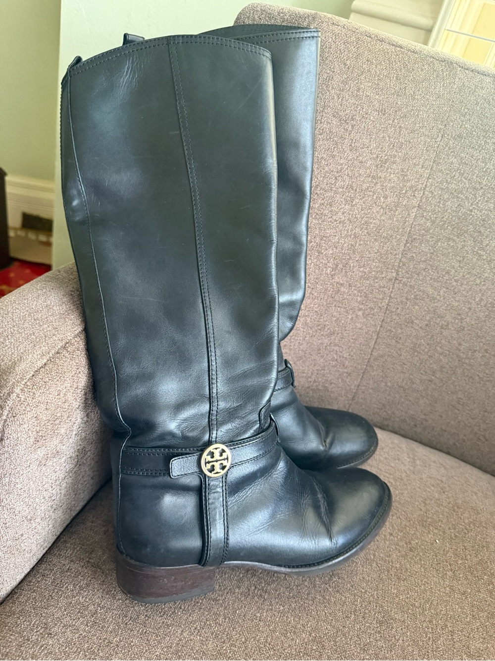 Tory Burch Black Leather Tall Riding Boots with Logo Medallion